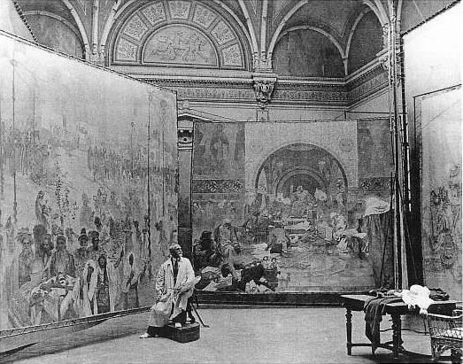 Alfons Mucha at work on the Slav Epic